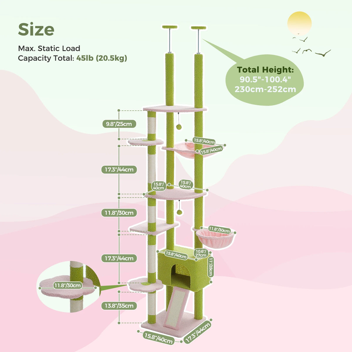 PETEPELA Adjustable Cactus Cat Tree With Condo Hammock And Scratcher
