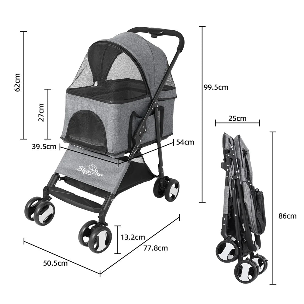 Foldable Pet Stroller With Storage Basket And Durable Wheels