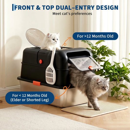 HiMiss Stainless Steel Enclosed Cat Litter Box With Lid Scoop