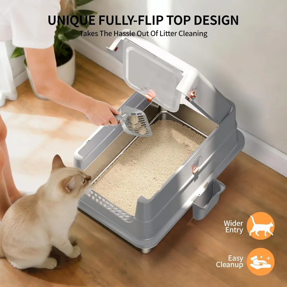 Xiuwo Enclosed Stainless Steel Cat Litter Box With Flip Cover