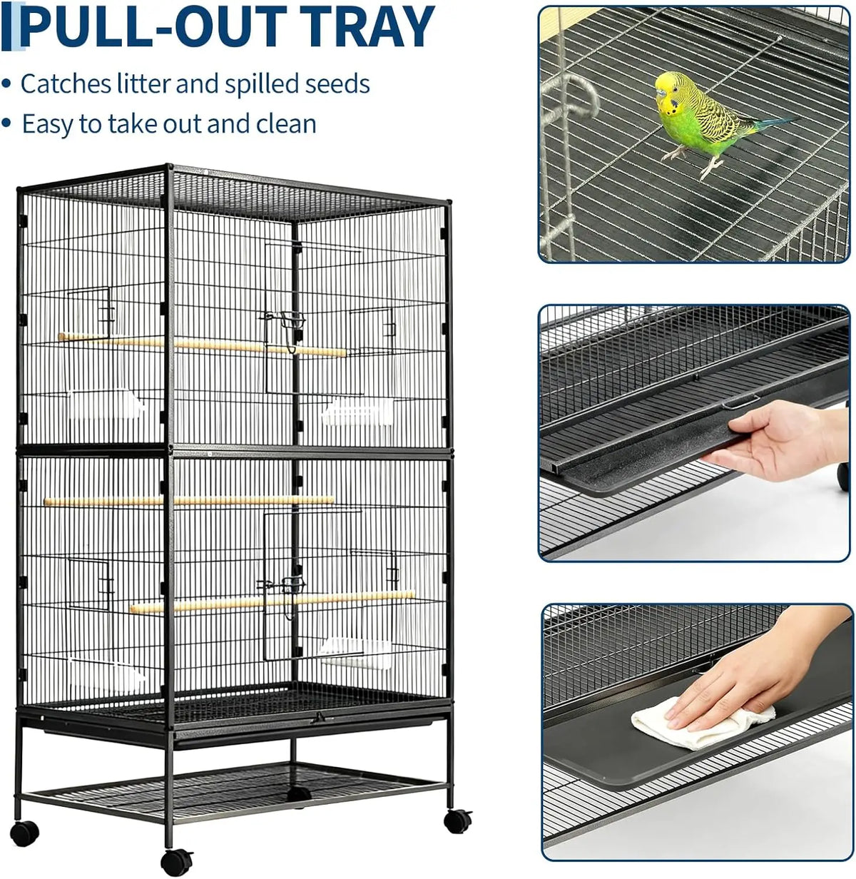 HiMISS Large Bird Cage With Rolling Stand And Feed Bowls