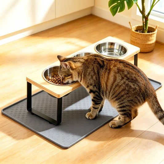 Elevated Stainless Steel Cat Feeder With Tilted Bamboo Stand