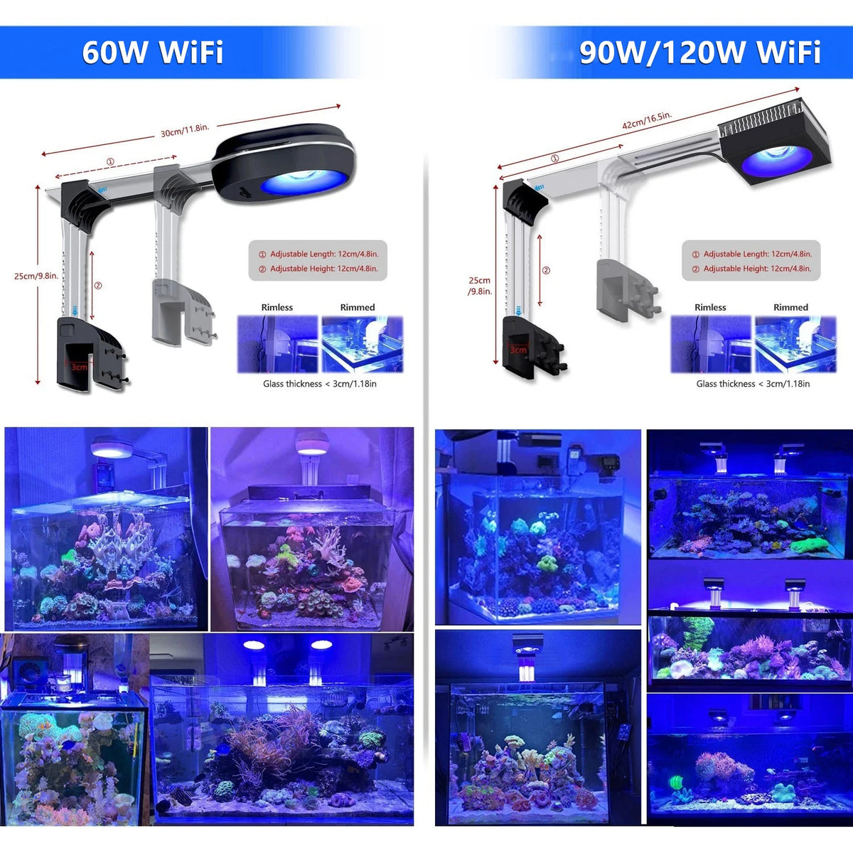 PopBloom WiFi Reef LED Light, 60W 90W 120W Full Spectrum Marine Reef LED Aquarium Lighting for Soft/LPS Corals & Saltwater Fish Nano Tanks, Built-in Timer, Sunrise Sunset