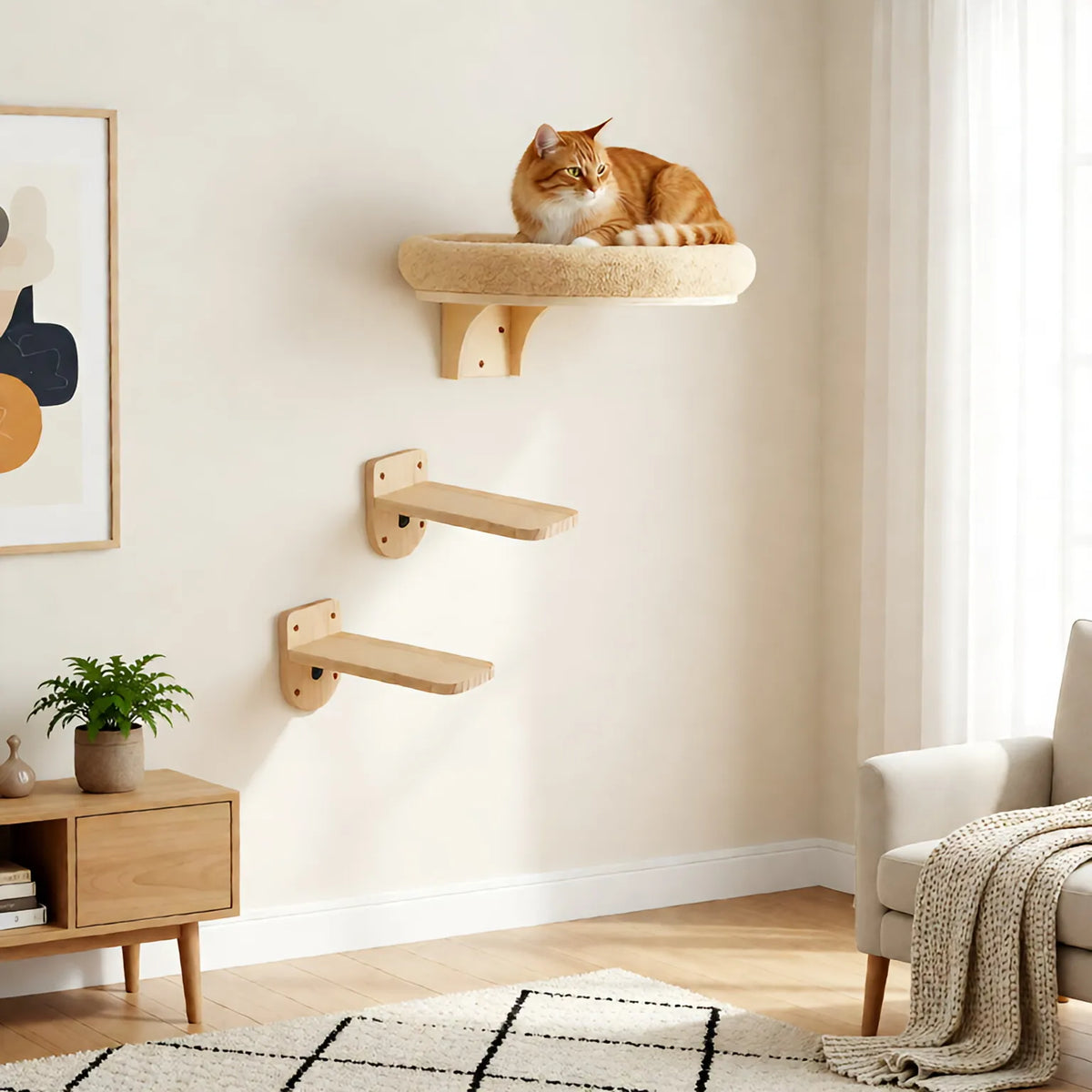 Cat Wall Mounted Wooden Hammock Ladder Scratching Post Perch