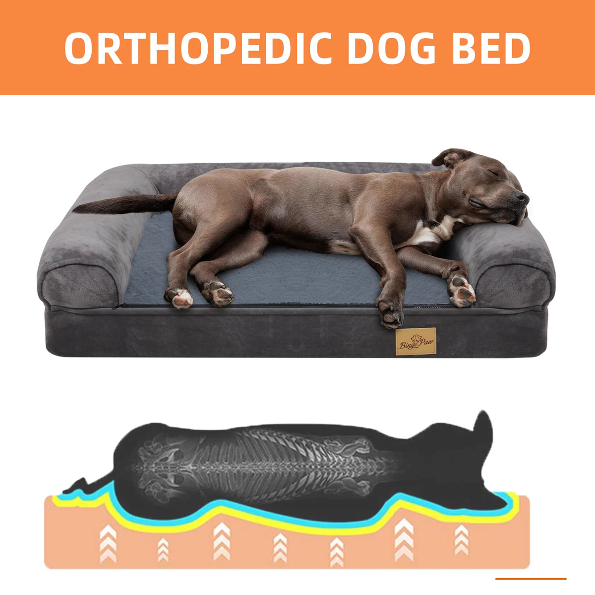 Bingopaw Orthopedic Dog Beds Large Sized Dog, Waterproof Pet Bed with Sides, Non-Slip Bottom Large Pet Bed with Washable Removable Cover, Grey