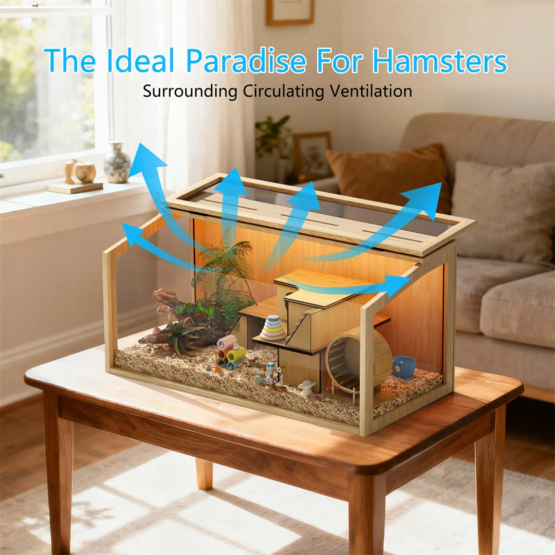 Wooden Hamster Cage With Glass Panels And LED Light Habitat