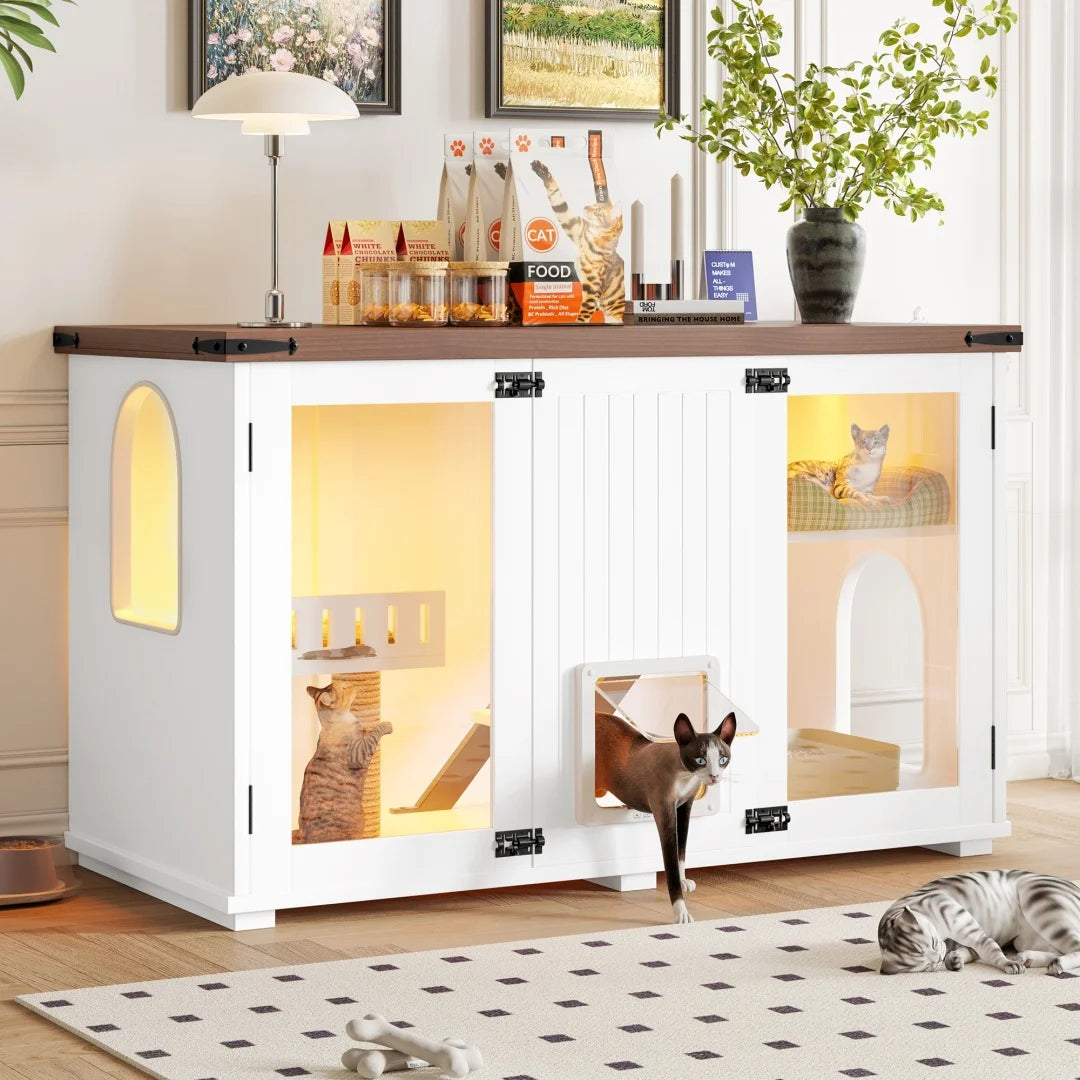 47.25" Large Hidden Litter Box Enclosure with LED Light & Cat Scratching Post, Smart Door Cat Litter Box Furniture with Stairs, Multi-Functional Cat House Side Table for Living Room, White