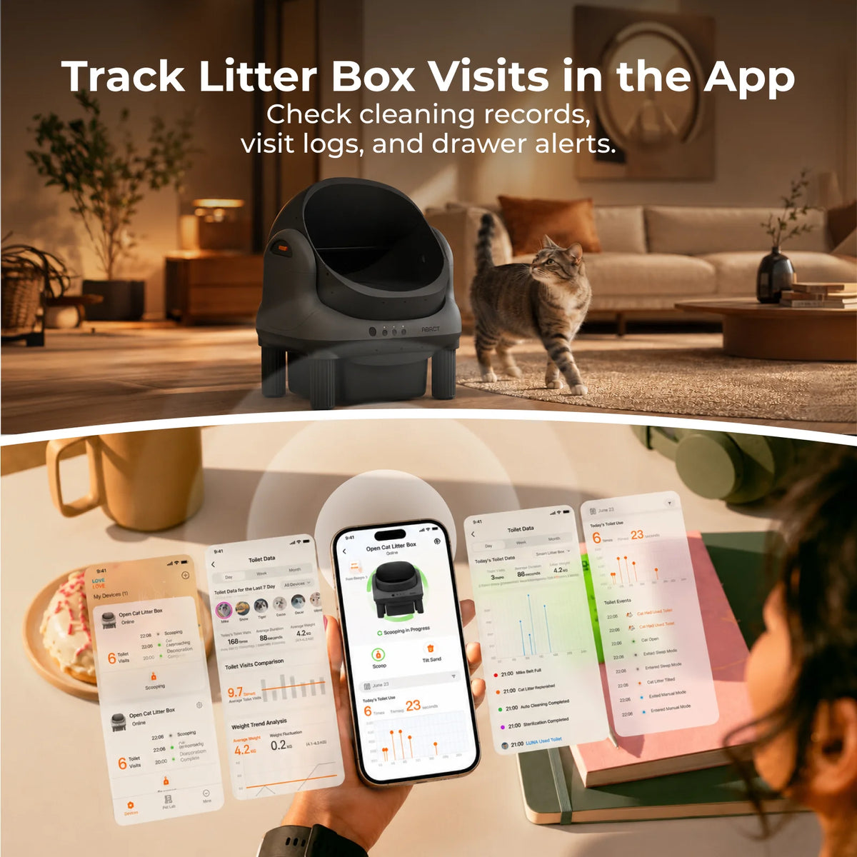Open Top Self Cleaning Litter Box,Electronic Hands-Free,Smart Robot,Automatic Cleaning Litter Box-App Control & Safe Anti-Pinch,with Safety Sensors & Liner for Small &Medium-sized Cats