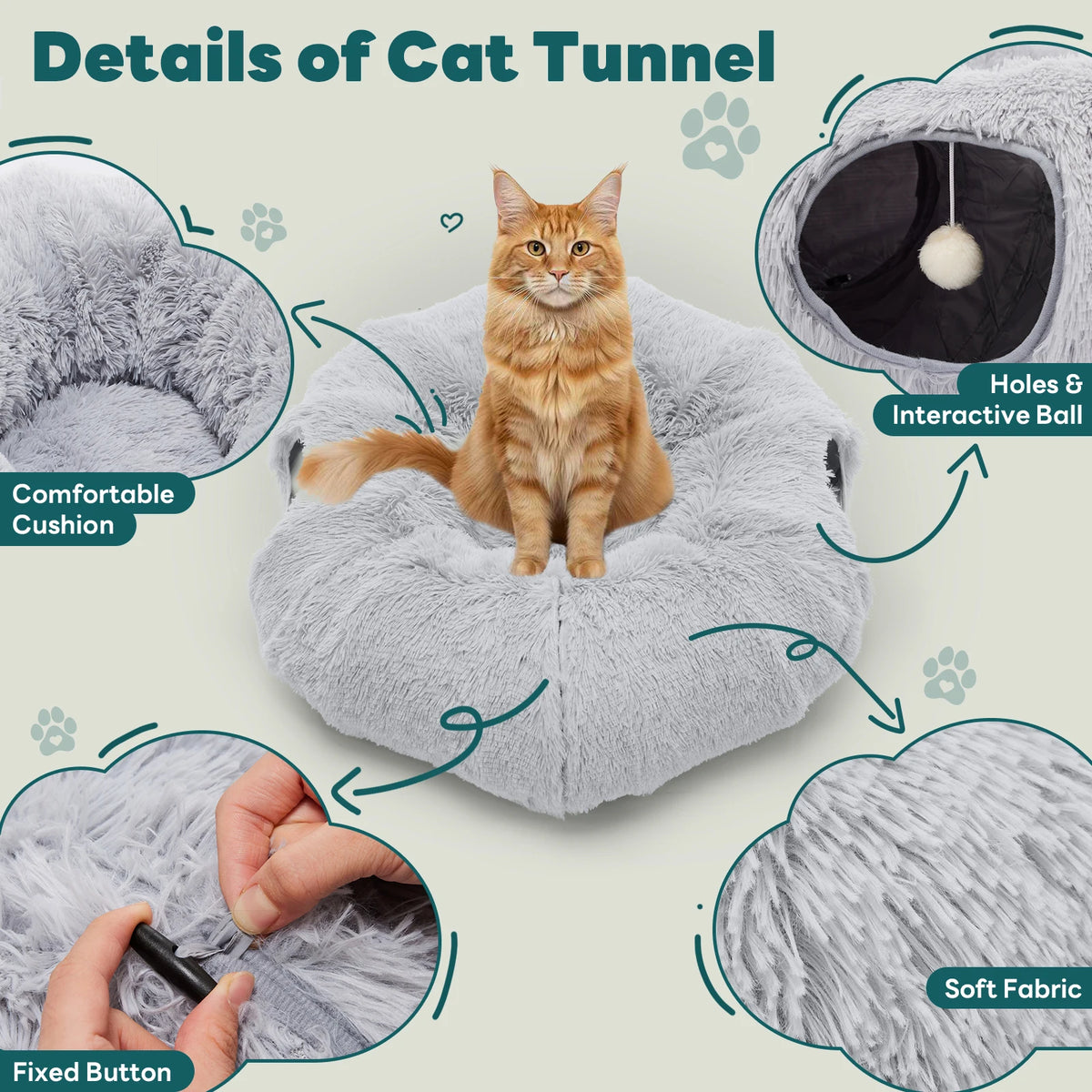 JHK Doughnut Cat Tunnel Bed With Plush Washable Cat Toy