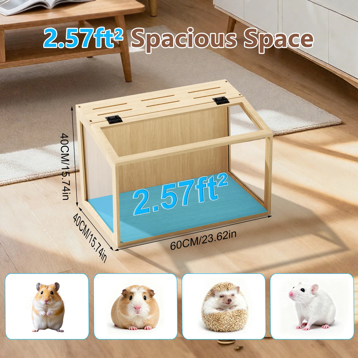 Wooden Hamster Habitat With Tempered Glass And LED Lighting