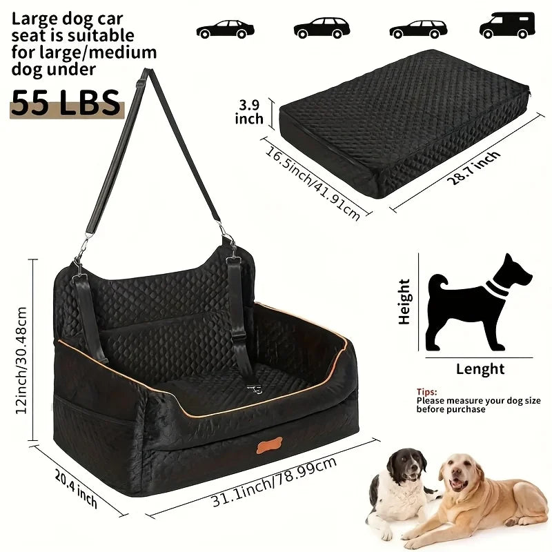 Dog Car Seat Booster Cushion with Memory Foam - Secure Strap Installation, Thick Padding & Storage Bag - Heavy-Duty Travel Bed for Large/Medium Dogs up to 24.95 KG or 2 Small Dogs - Washable Car Seat Protector - Gray Pet Vehi