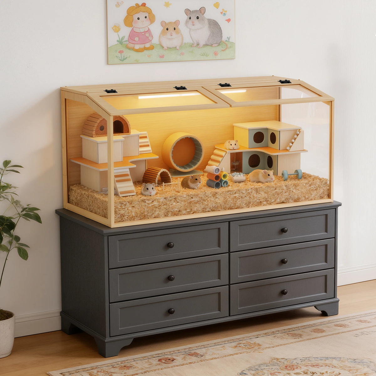 Wooden Hamster Cage With Glass Panels And LED Light Habitat
