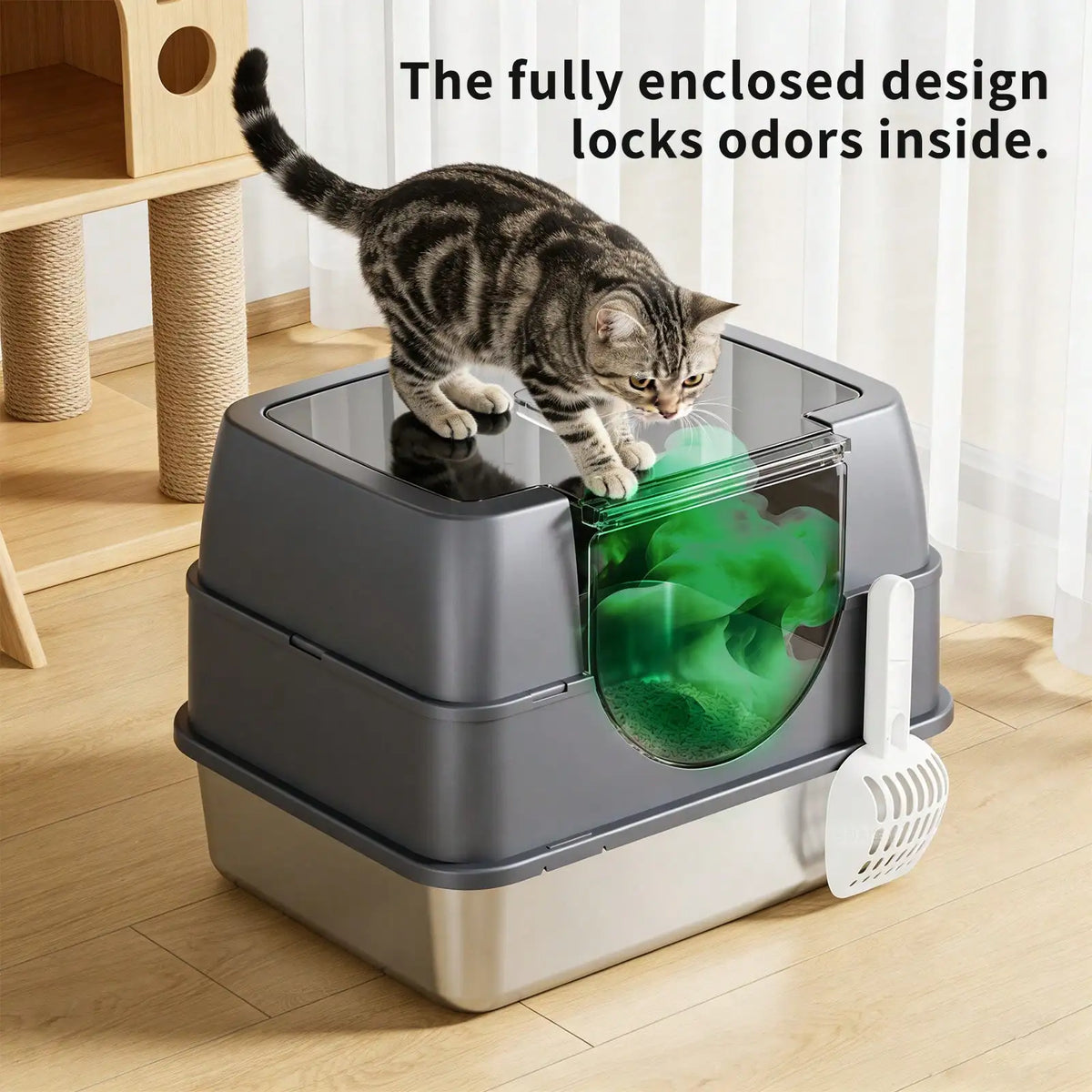 Stainless Steel Enclosed Cat Litter Box With Lid And Mat