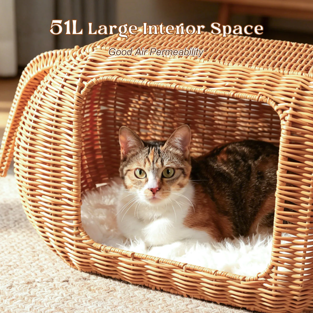 PEQULTI Handmade Rattan Cat Condo Bed With Plush Cushion Hideaway