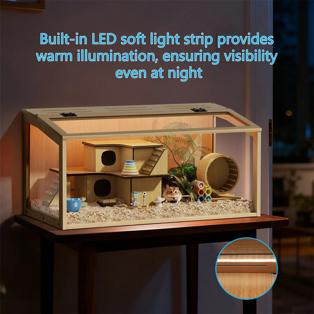 Wooden Hamster Cage With Glass Panels And LED Light Habitat