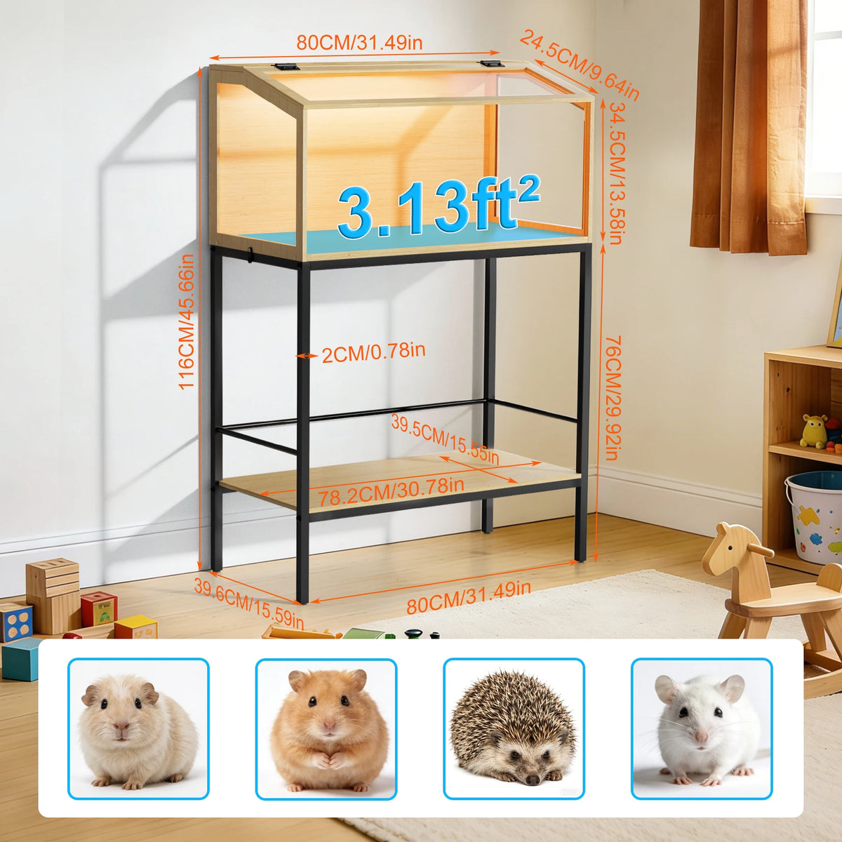 Wooden Hamster Habitat With Tempered Glass And LED Lighting