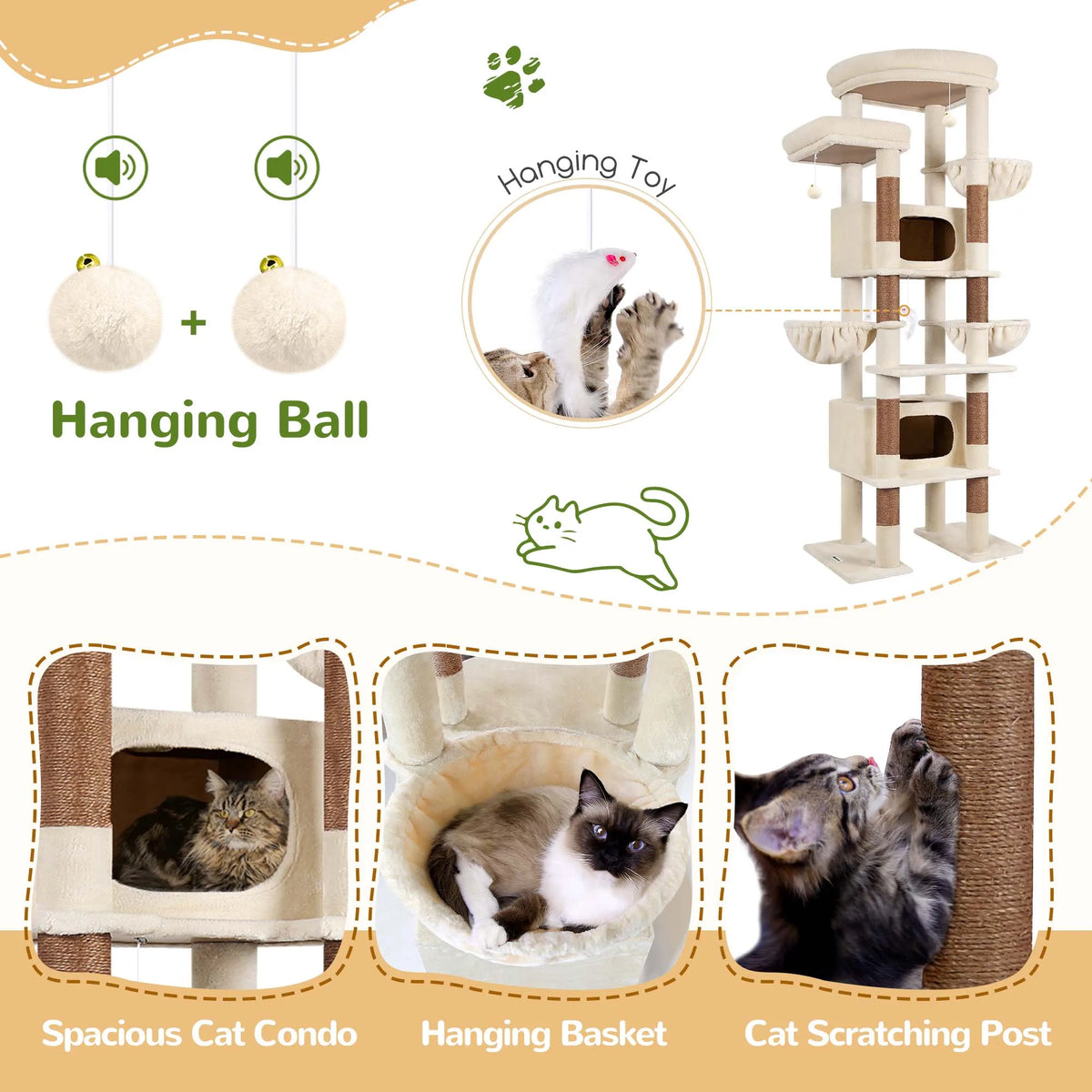 Globlazer 84" Floor to Ceiling Cat Tree Tower for Multiple Large Cats Adjustable Multi-Level Climbing Activity Center with Sisal Scratching Posts 2 Condos 3 Hammocks