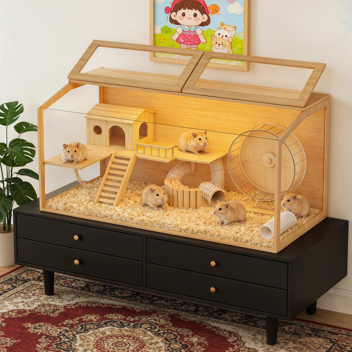 Wooden Hamster Habitat With Tempered Glass And LED Lighting