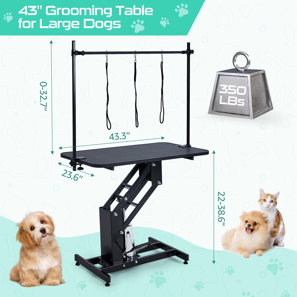 43" Hydraulic Dog Grooming Table, 350 LBS Heavy-Duty Pet Grooming Table with Overhead Arm, 3 Loops, Non-Slip Waterproof Top, Adjustable Height Dog Grooming Station for Medium Large Dogs