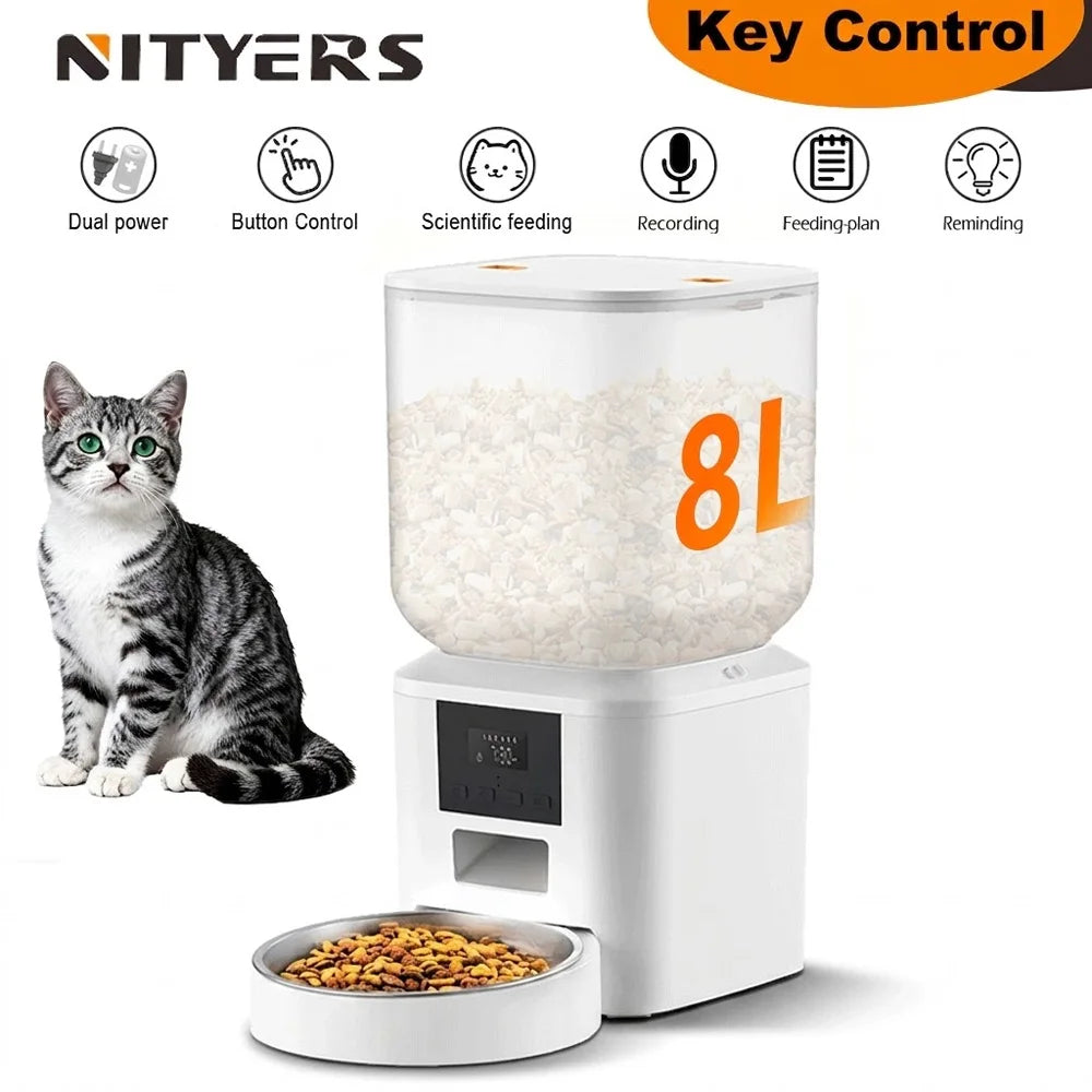 NITYERS 8L Automatic Cat Feeder, Smart Pet Food Dispenser with Key Control, Voice Recorder, Dual Power Supply, Timed Auto Dog Feeder with Stainless Steel Bowl