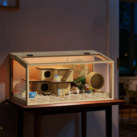Wooden Hamster Cage With Glass Panels And LED Light Habitat