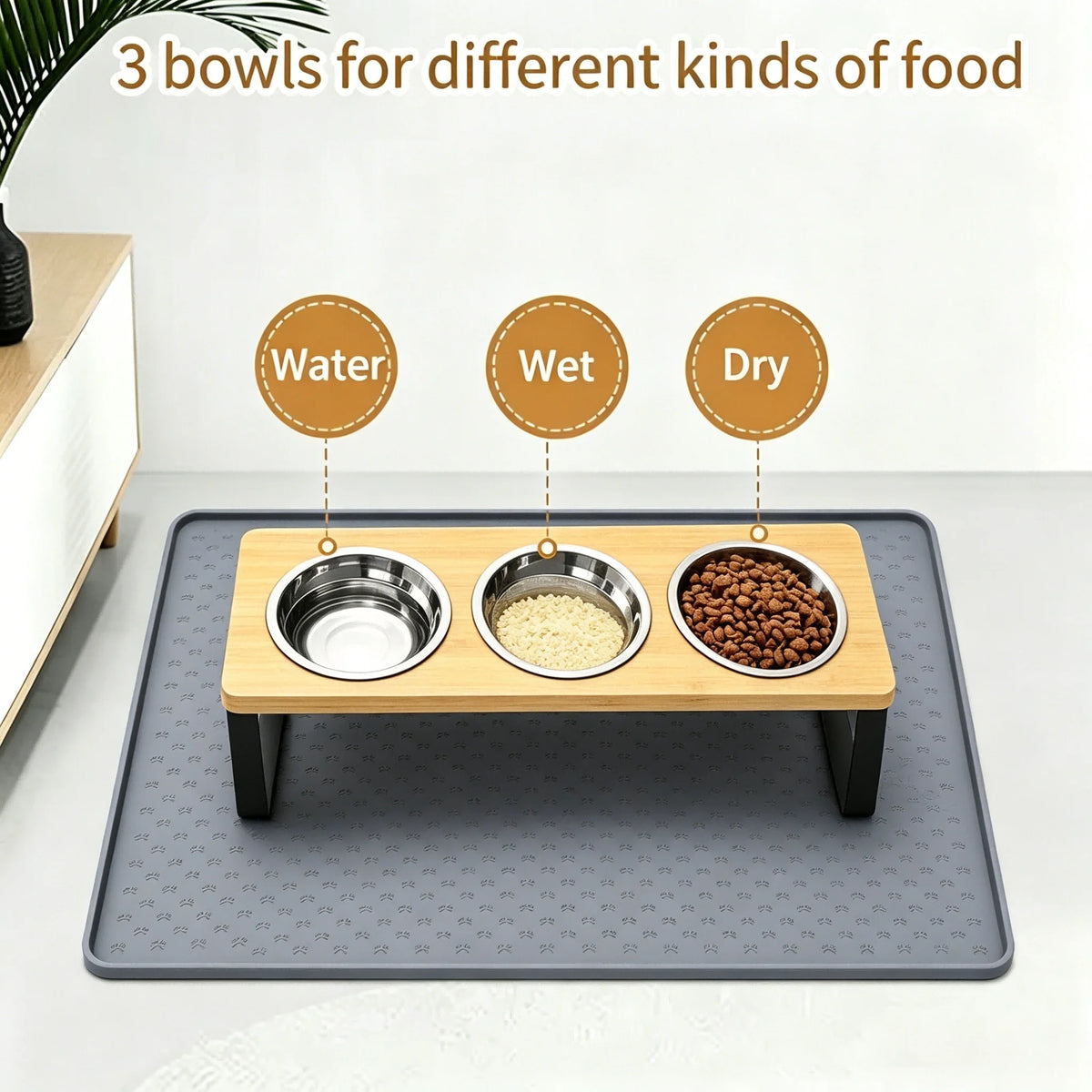 Elevated Stainless Steel Cat Feeder With Tilted Bamboo Stand