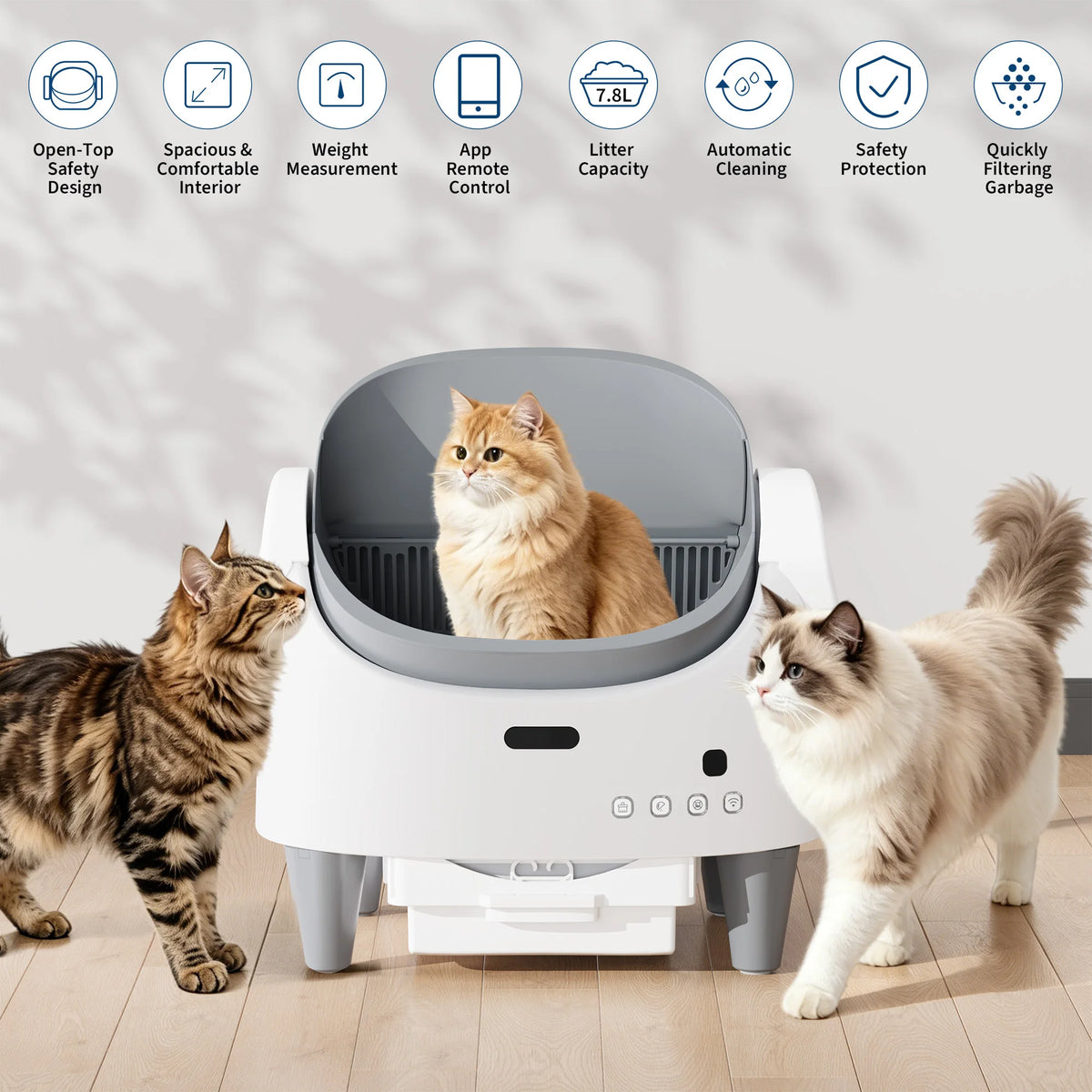 Open-Top Self-Cleaning Automatic Cat Litter Box - App-Controlled Smart Litter Tray - Safety Detectors - Quiet Low-Odor Operation - 3-Level Height Adjustment - Easy-Clean for Multi-Cat Homes