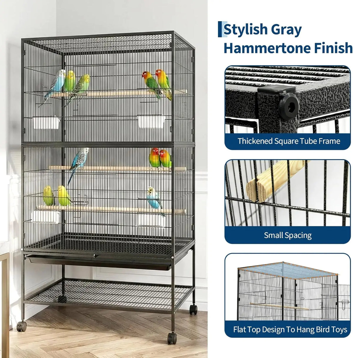 HiMISS Large Bird Cage With Rolling Stand And Feed Bowls