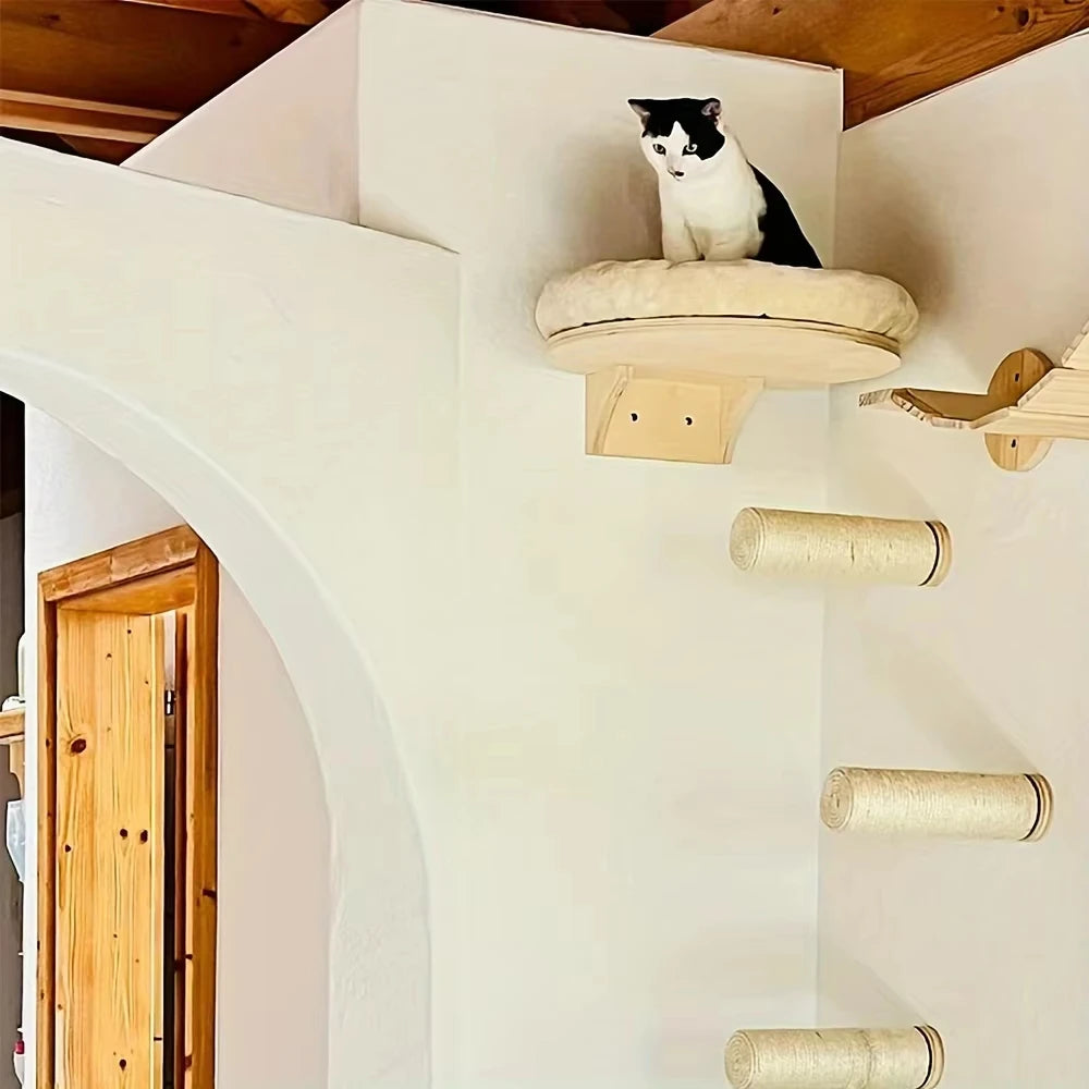 Cat Wall Mounted Wooden Hammock Ladder Scratching Post Perch