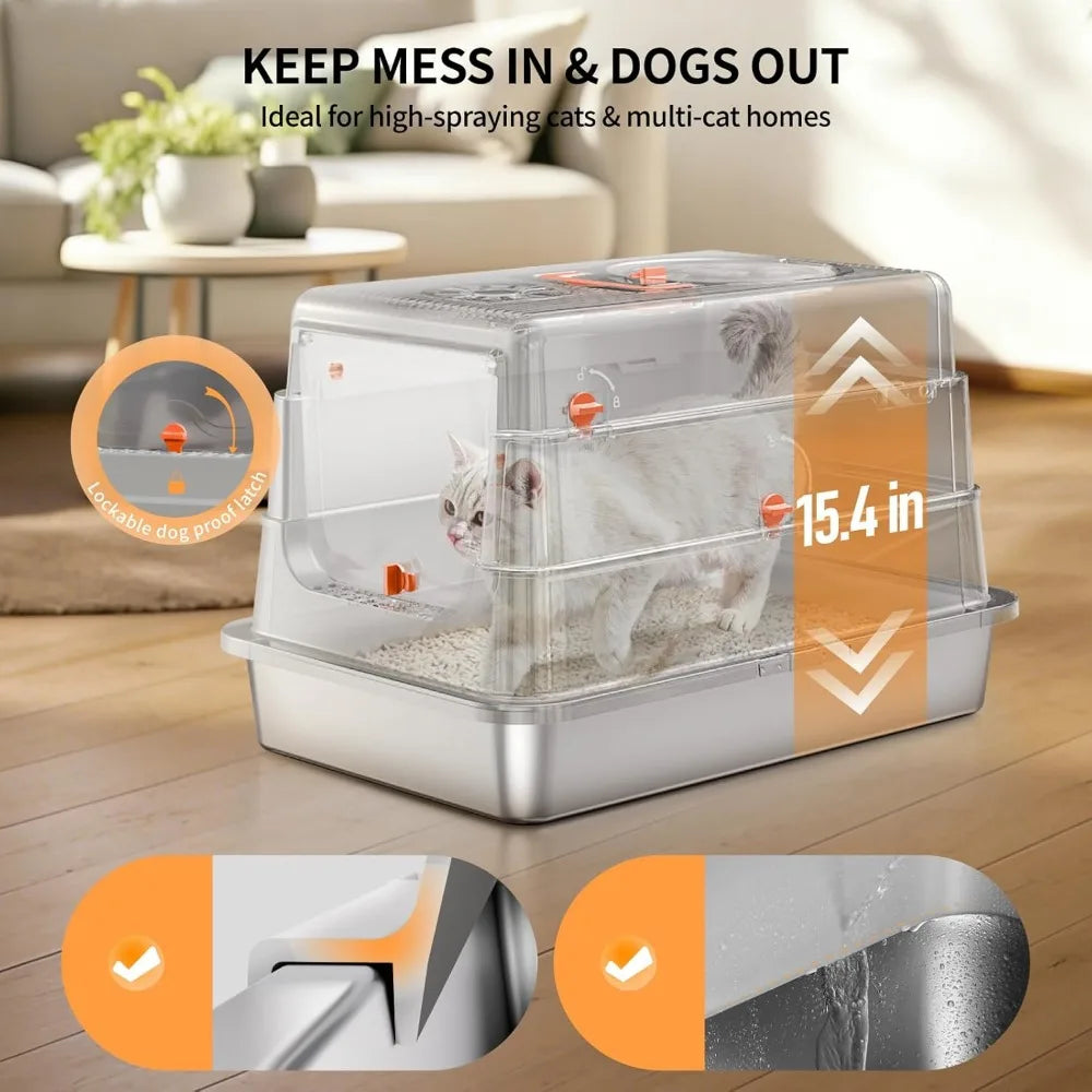 Xiuwo Enclosed Stainless Steel Cat Litter Box With Flip Cover