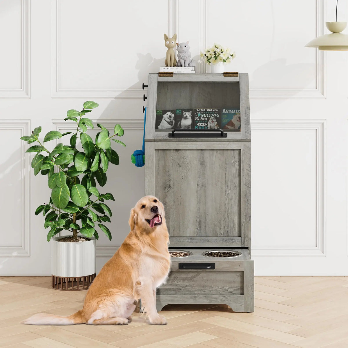 Elevated Dog Food Storage Cabinet With Stainless Steel Bowls