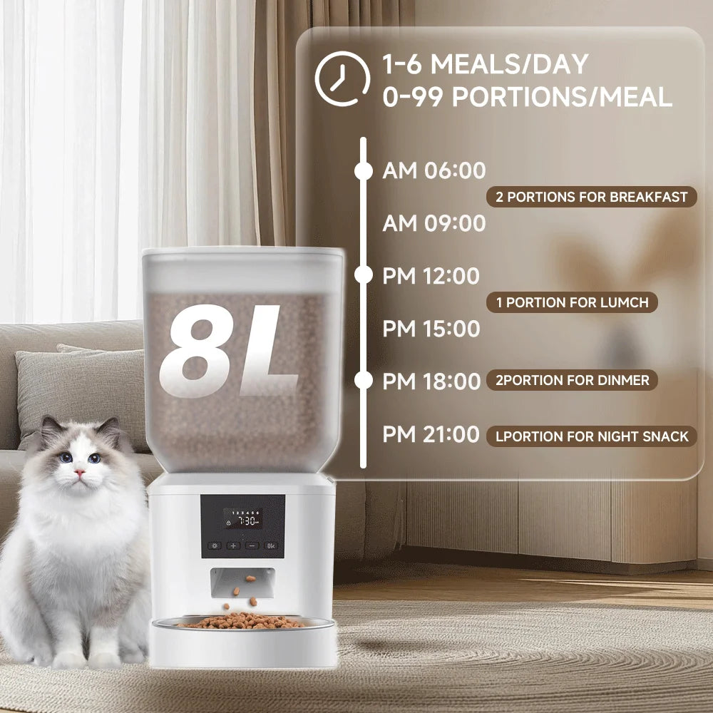 NITYERS 8L Automatic Cat Feeder, Smart Pet Food Dispenser with Key Control, Voice Recorder, Dual Power Supply, Timed Auto Dog Feeder with Stainless Steel Bowl