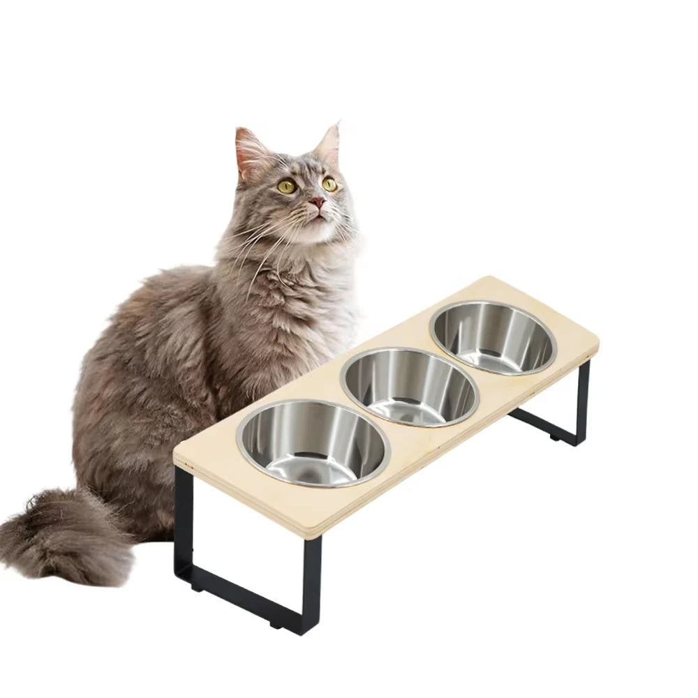 Elevated Stainless Steel Cat Feeder With Tilted Bamboo Stand