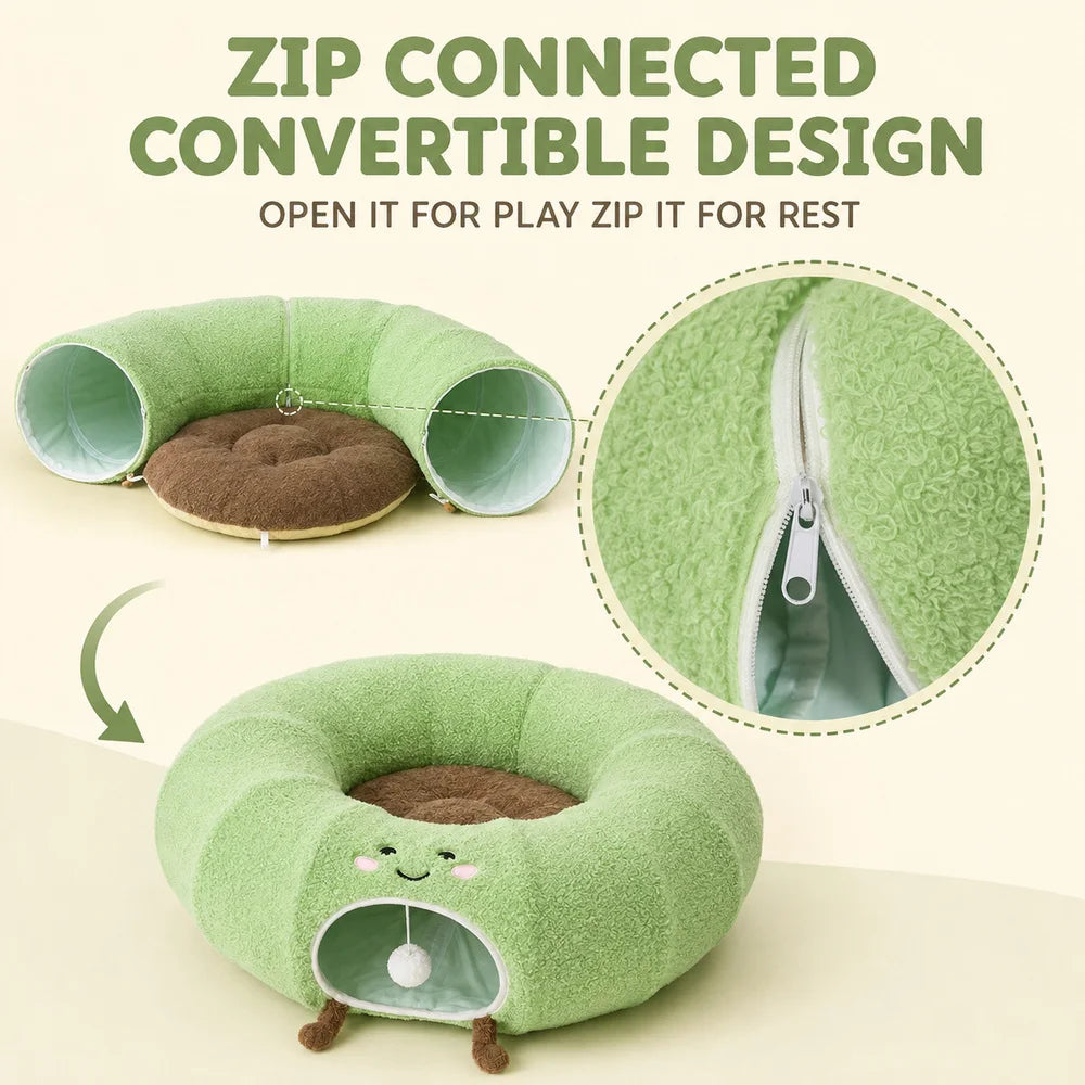 Convertible Cat Tunnel Bed With Plush Removable Cushion