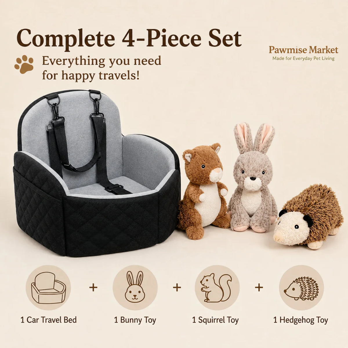Dog Car Seat Bed With Securing Straps And Plush Toys