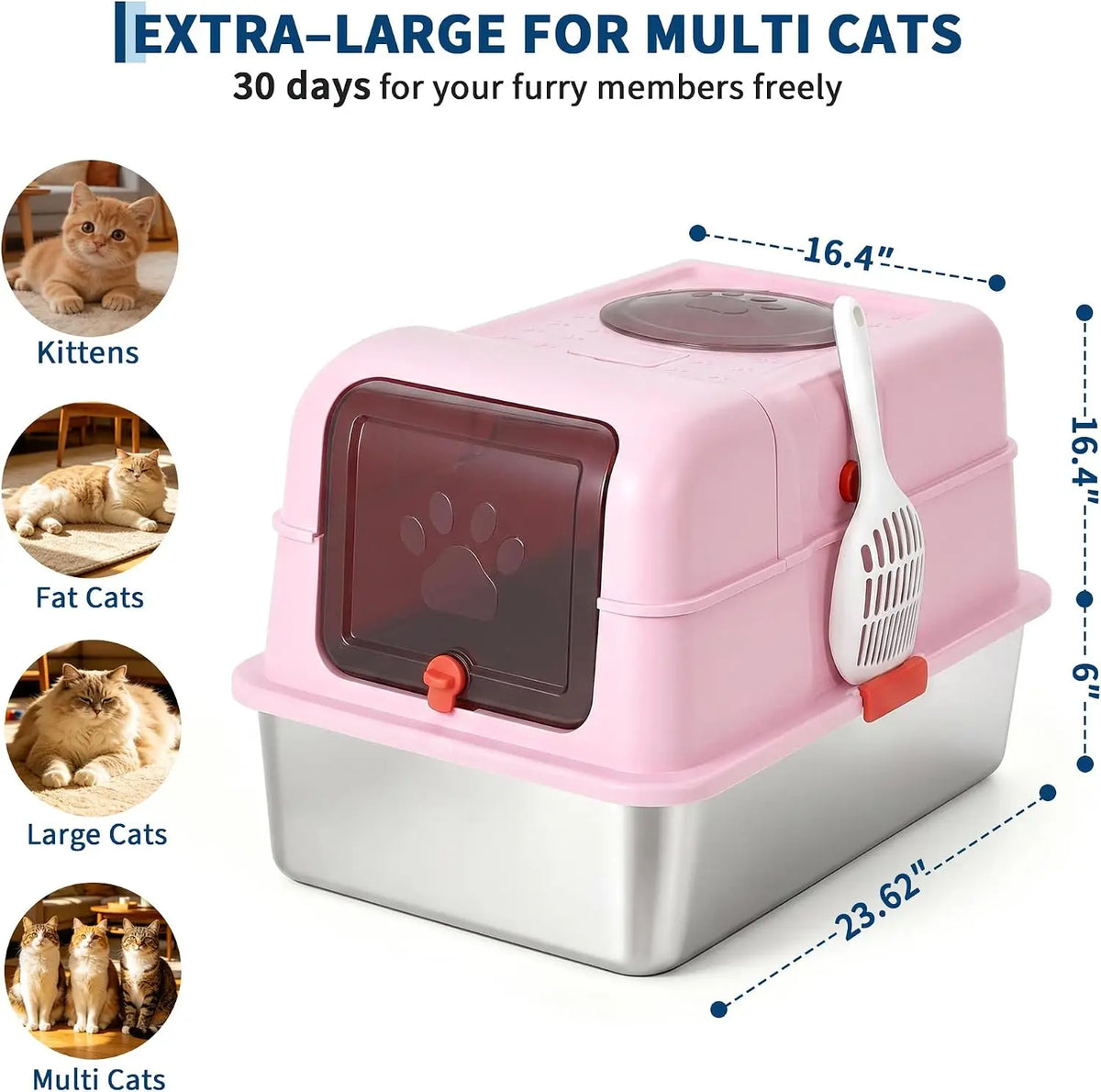 Dog-Proof Fully Enclosed Stainless Steel Litter Box with Lid | Enclosed, High Sided, Front Entry & Top Exit, Leak Proof Design, Scoop Included, Great for Large & Multi-Cat Homes - Pink