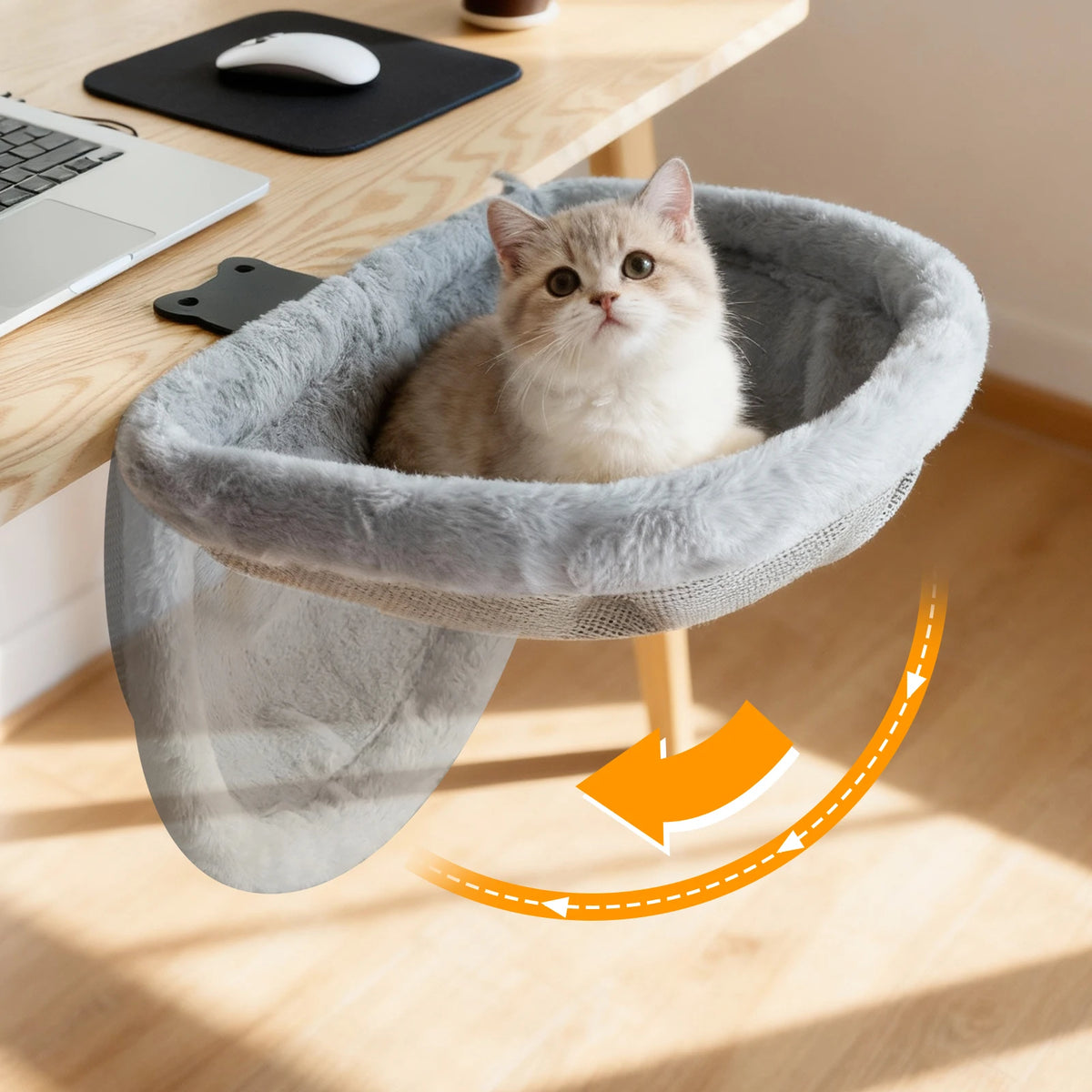 CWV Foldable Coral Fleece Cat Desk Bed With Clamp Mount
