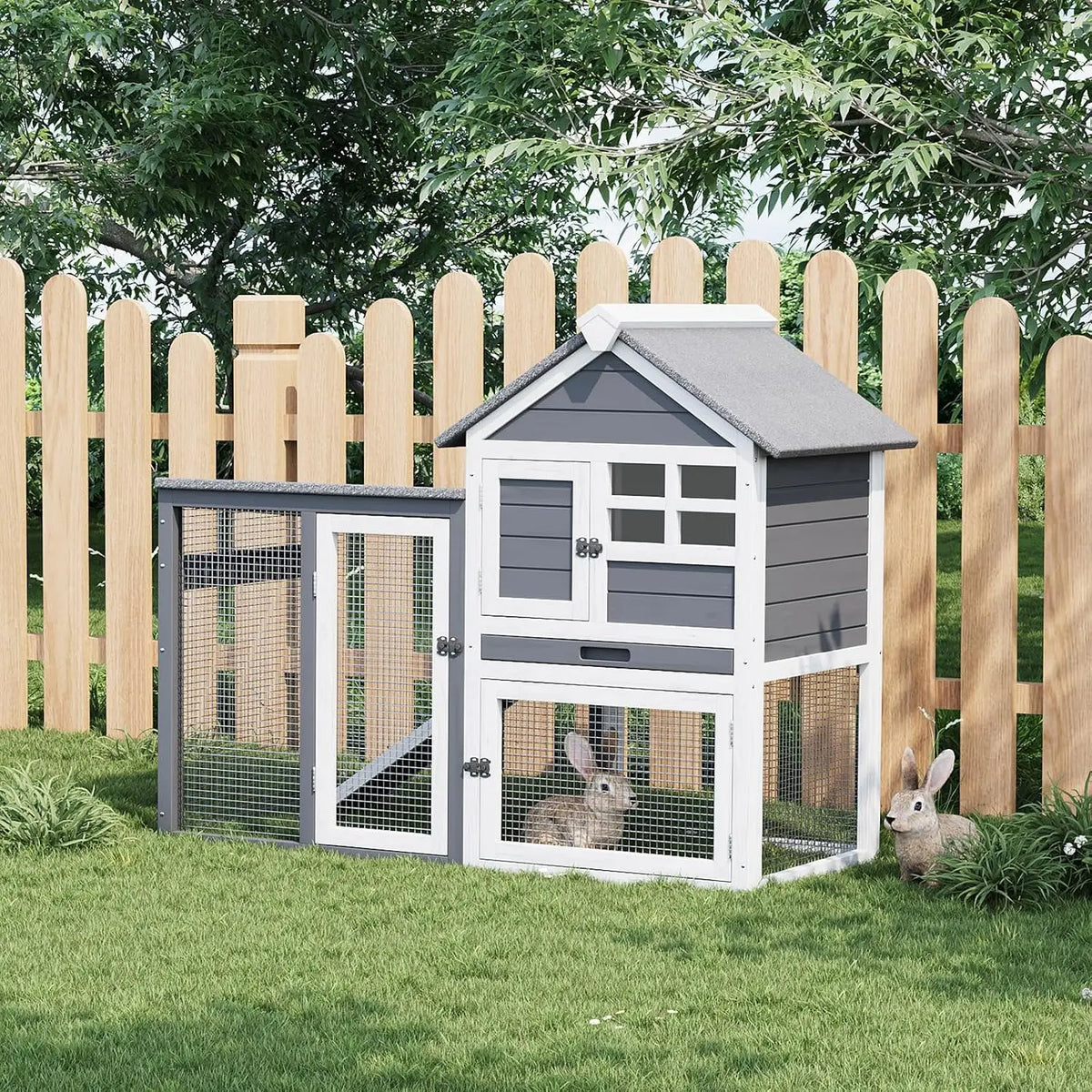 Large 2-Story Indoor Outdoor Wooden Rabbit Hutch Mobile Bunny Cage Waterproof Roof with Pull-Out Tray and Waterproof Roof Small Animal Enclosur for Rabbits, Guinea Pigs, Ducks, Chickens