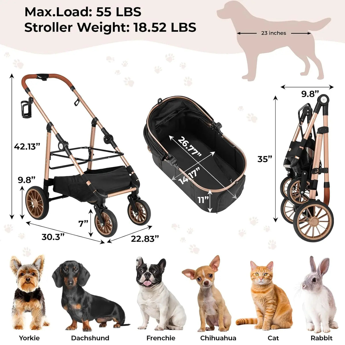 Foldable All Terrain Pet Stroller 3in1 Carrier Storage Cup Holder