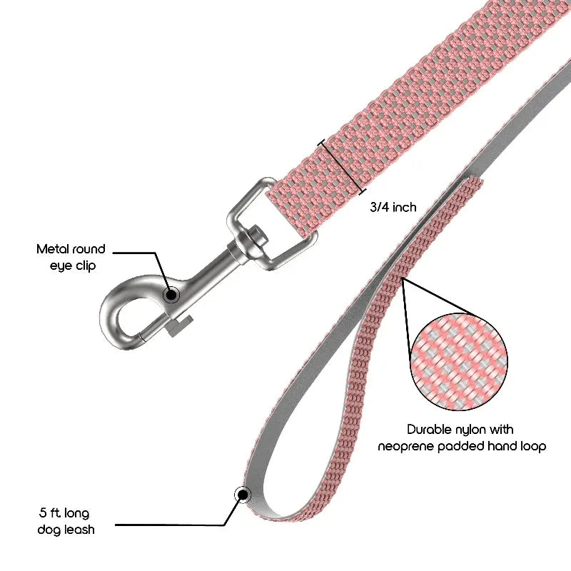 5 ft Nylon Anti-Shock Padded Dog Leash, Pink, Medium / Large