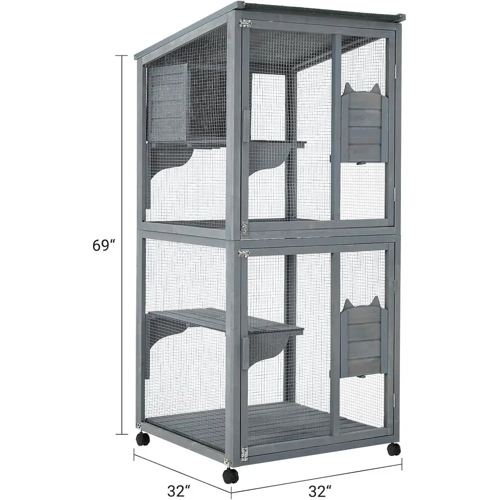 Multi Level Cat Enclosure With Lockable Wheels And Cabin