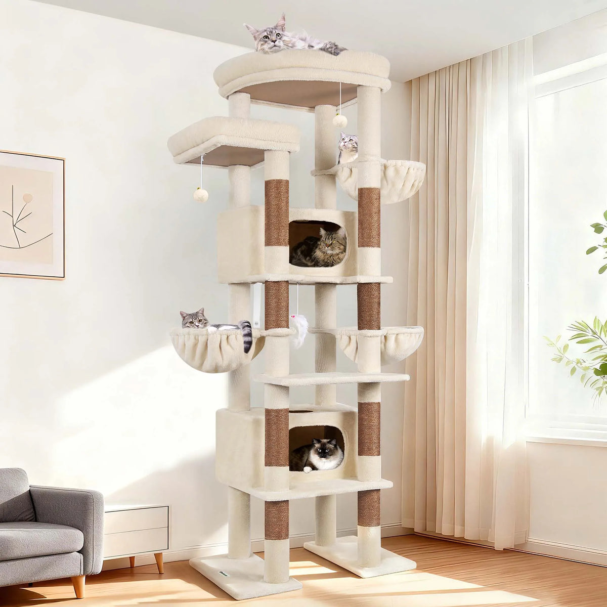 Globlazer 84" Floor to Ceiling Cat Tree Tower for Multiple Large Cats Adjustable Multi-Level Climbing Activity Center with Sisal Scratching Posts 2 Condos 3 Hammocks