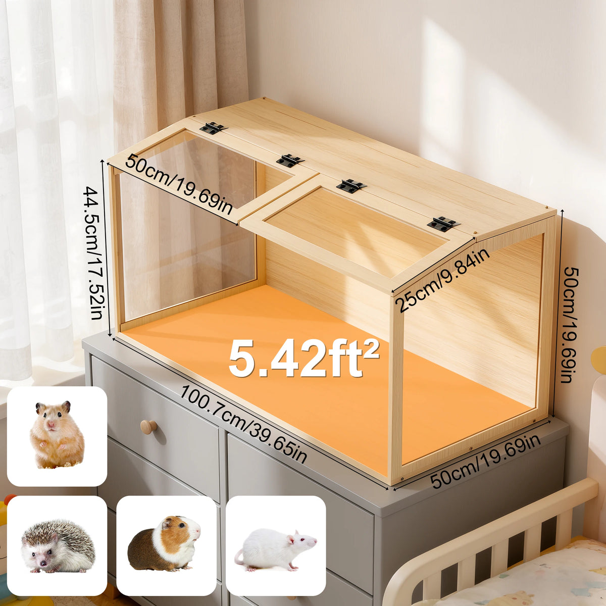 Wooden Hamster Habitat With Tempered Glass And LED Lighting