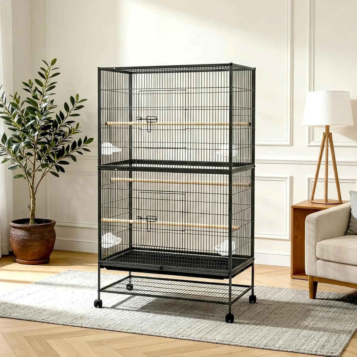 HiMISS Large Bird Cage With Rolling Stand And Feed Bowls