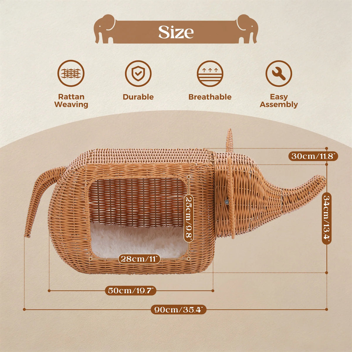 PEQULTI Handmade Rattan Cat Condo Bed With Plush Cushion Hideaway