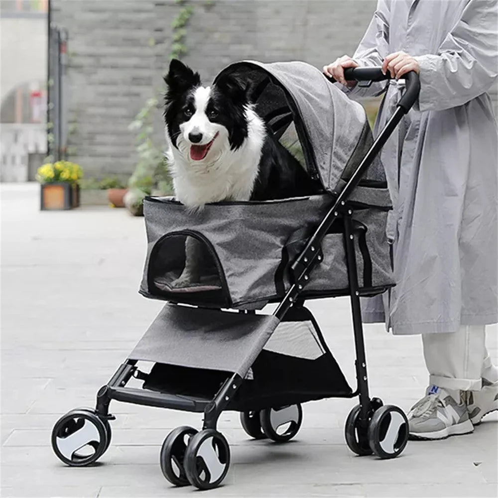 Foldable Pet Stroller With Storage Basket And Durable Wheels