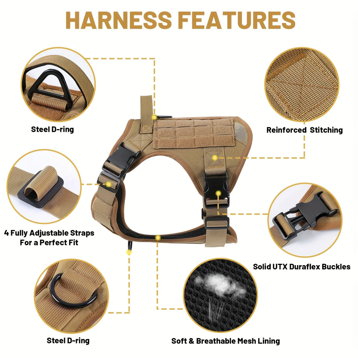 Adjustable Tactical Service Dog Harness with Reflective Straps No Pull Control and Breathable Padding