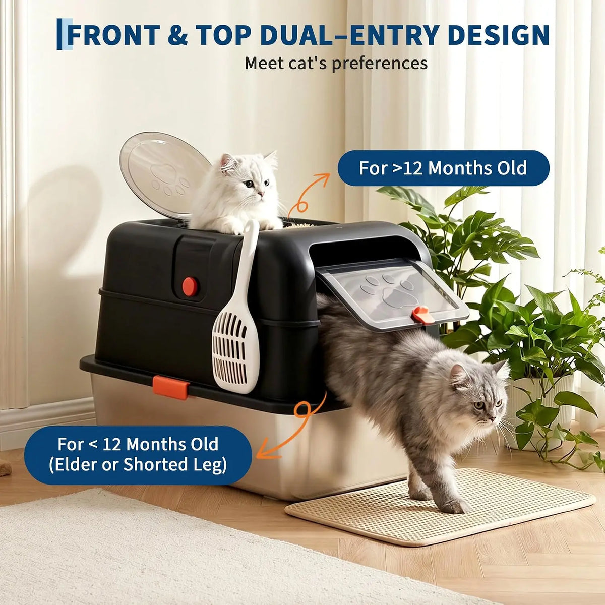 Non-Stick Stainless Steel Litter Box | No-Mess Odor Control Anti-Leak Cat Litter Box, 3-in-1 Fully Enclosed High-Sided Litterbox with Flip Top