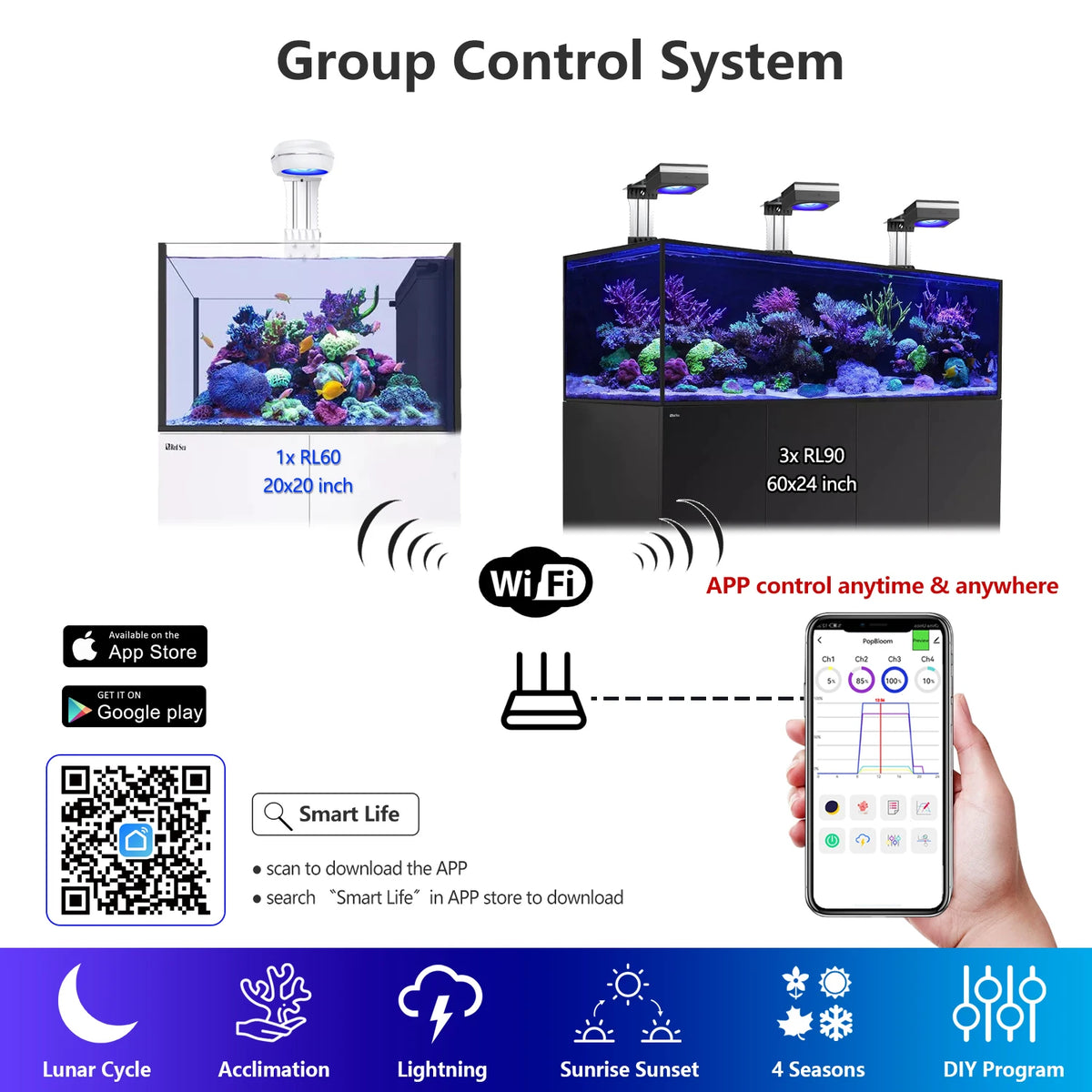PopBloom WiFi Reef LED Light, 60W 90W 120W Full Spectrum Marine Reef LED Aquarium Lighting for Soft/LPS Corals & Saltwater Fish Nano Tanks, Built-in Timer, Sunrise Sunset