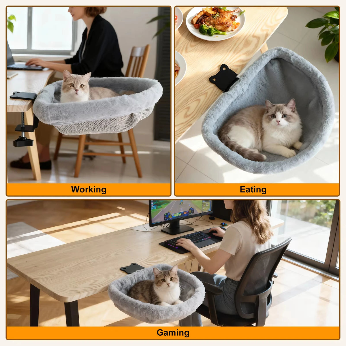 CWV Foldable Coral Fleece Cat Desk Bed With Clamp Mount